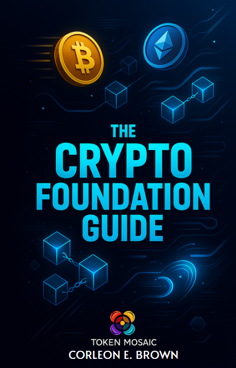 The Crypto Foundation Guide - eBook cover featuring Bitcoin and Ethereum symbols